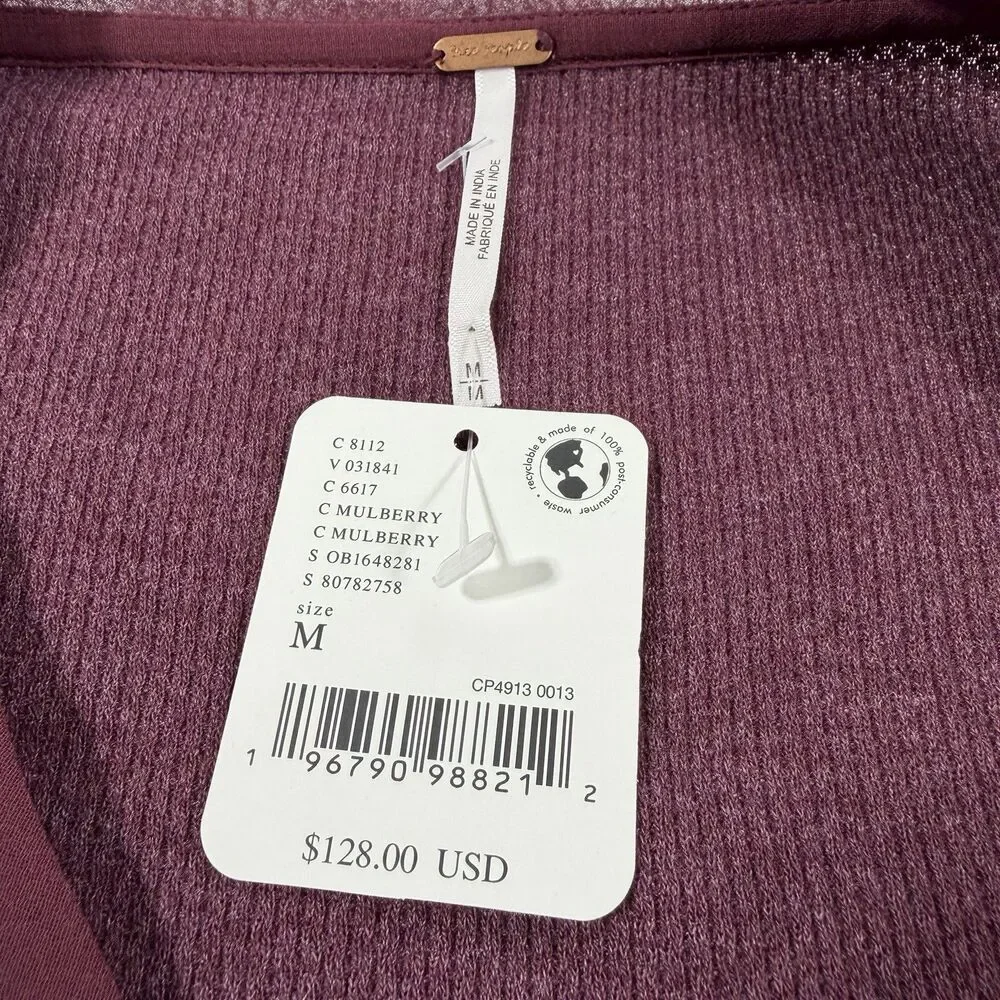 Free People Toni Tunic Top MEDIUM Mulberry Burgundy Embroidered Lace Waffle Boho